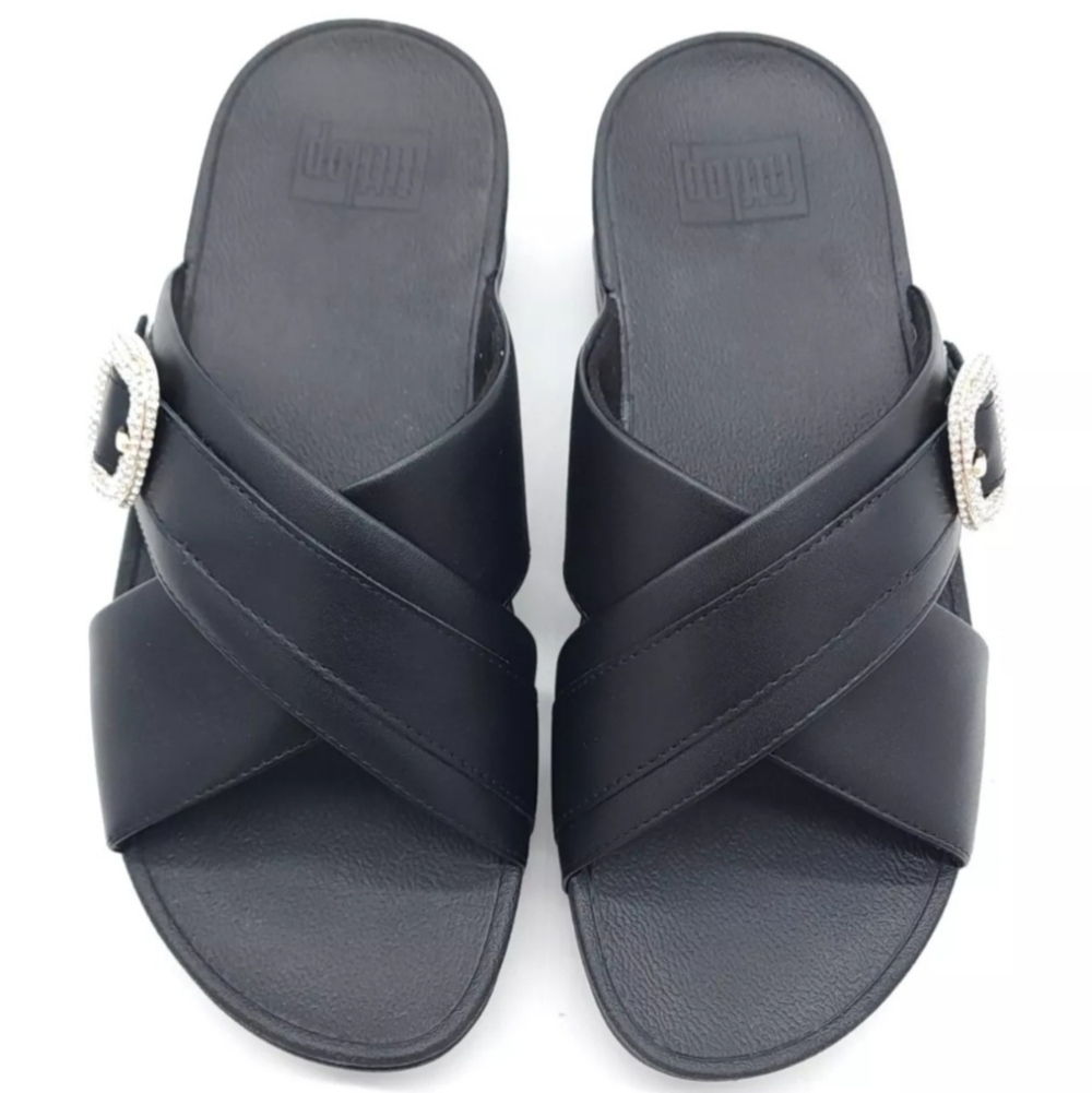 Fitflop Lulu Crystal-Buckle Black Leather Cross Slides Women's Size 38 US 7 - Picture 4 of 7